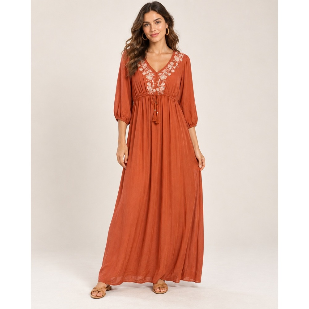 Blue Rain Maxi Dress Womens Large Rust Orange Embroidered Boho Rayon